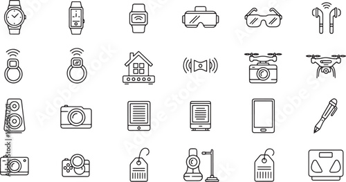 Collection of various electronic gadgets and smart devices represented by line art icons on a white background, showcasing technology and modern lifestyle