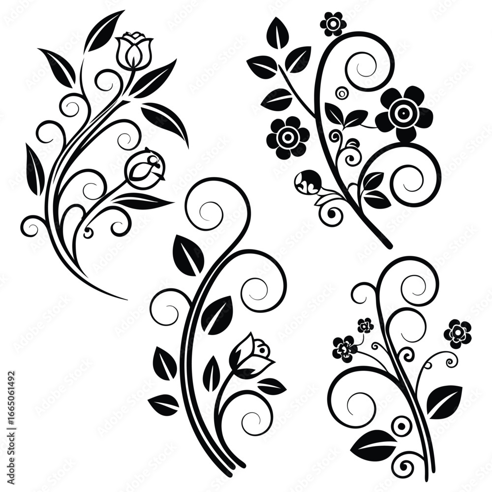 Elegant Black Floral Swirl Vectors, Ornamental Rose and Daisy Motifs for Tattoos, Invitations or Graphic Design Projects Elegant Black Floral Swirl Vectors, Ornamental Rose and Daisy Motifs for Tattoos, Invitations or Graphic Design Projects