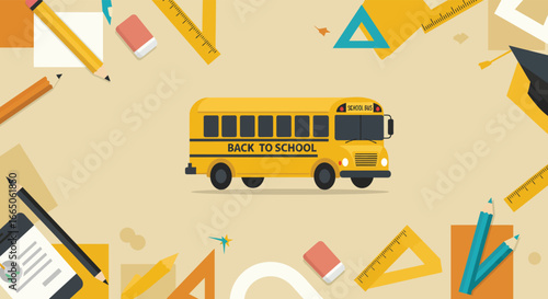 Yellow school bus surrounded by colorful school supplies on a beige background