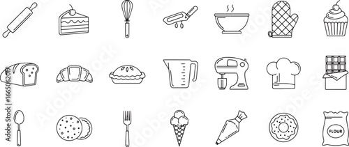 Baking Essentials Outline Icons Collection Tools, Ingredients, and Treats