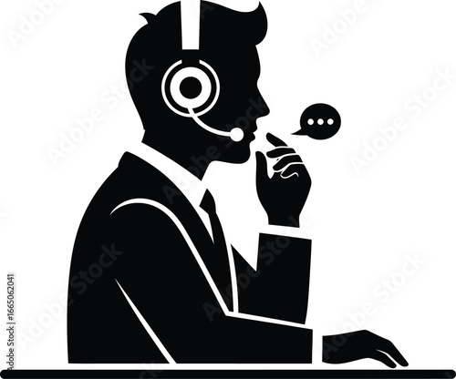 Silhouette of a call center operator with headset, providing customer service and technical support to clients via phone or online chat