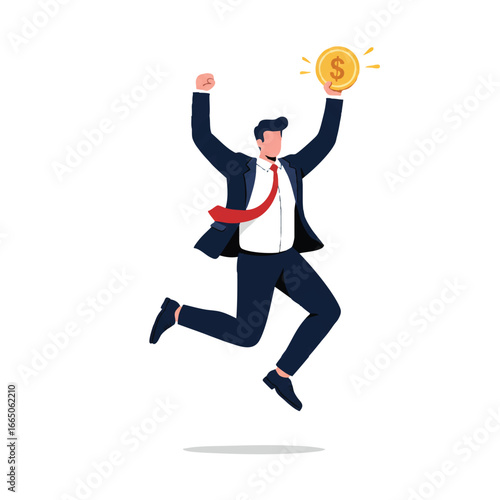 Excited trader jumps celebrating a big win in a vibrant 2D flat vector illustration, capturing financial success and joyful achievement with clean lines.