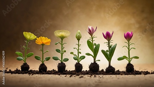 Colorful flower plants growing in soil, stages of growth, nature concept, spring season 