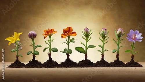 Flowers Growing Stages: Blooming Colorful Plants on Earth, Life Cycle Concept 