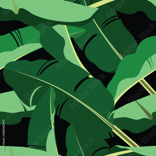 A seamless tropical pattern featuring lush green banana leaves, perfect for fabric prints, wallpapers, and summer-themed designs