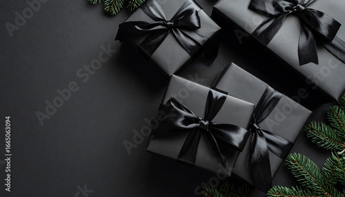 Black Gift Boxes with Xmas, and Dark Background.