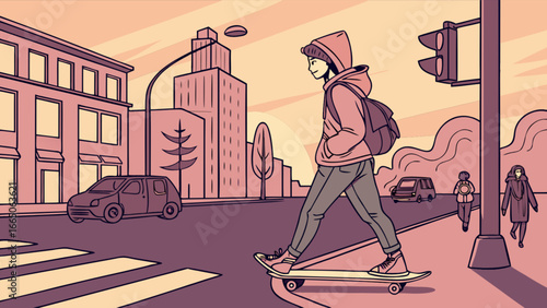 Illustration of skateboarder on city street with buildings and traffic lights urban scene vector art