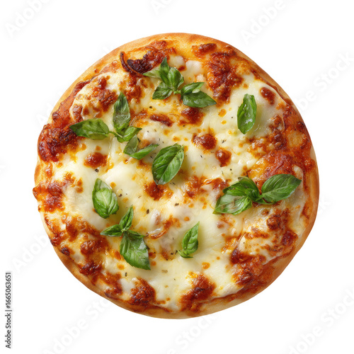 Round pizza topped with melted mozzarella cheese, fresh basil, and a light tomato sauce.  Crispy crust.  Overhead view