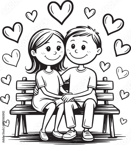 Cuddling Couple: A charming illustration of a loving couple sitting on a bench, surrounded by floating hearts. This romantic scene evokes warmth and affection.