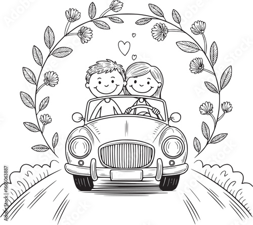 Love's Journey Begins: A charming illustration captures the essence of a couple embarking on a romantic adventure, their hearts intertwined as they drive away.
