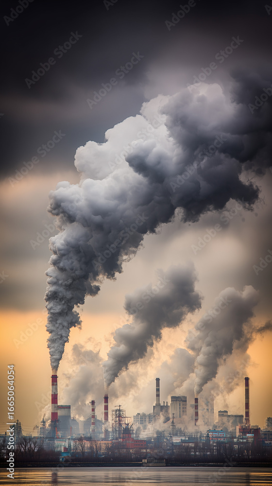 Obraz premium Industrial smokestacks releasing dense emissions over a manufacturing district, representing air pollution climate risk and the urgency of environmental compliance and transition. 