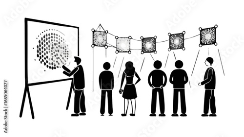 Art exhibition viewing people looking at artwork presentation display gallery showing paintings and drawings art show