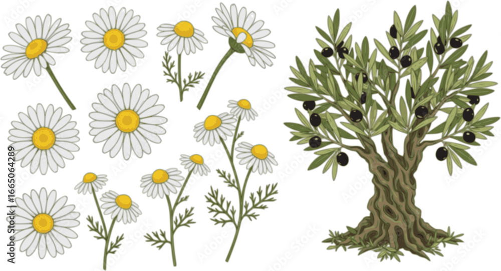 Fototapeta premium set of Daisy in a vector style isolated. Full name of the plant: daisy, chamomile. Vector olive tree for background, texture, wrapper pattern, frame or border