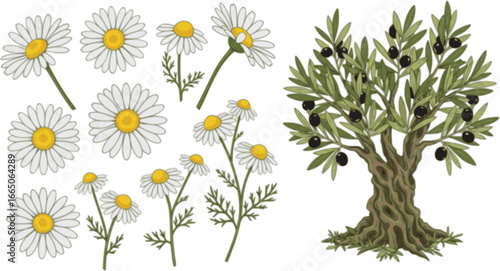 set of Daisy in a vector style isolated. Full name of the plant: daisy, chamomile. Vector olive tree for background, texture, wrapper pattern, frame or border