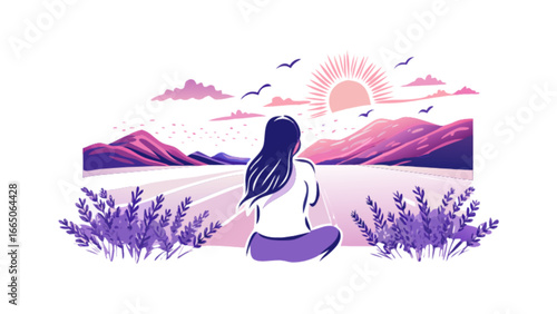 Woman meditating at sunrise landscape vector art illustration peaceful nature scene relaxation and wellness design