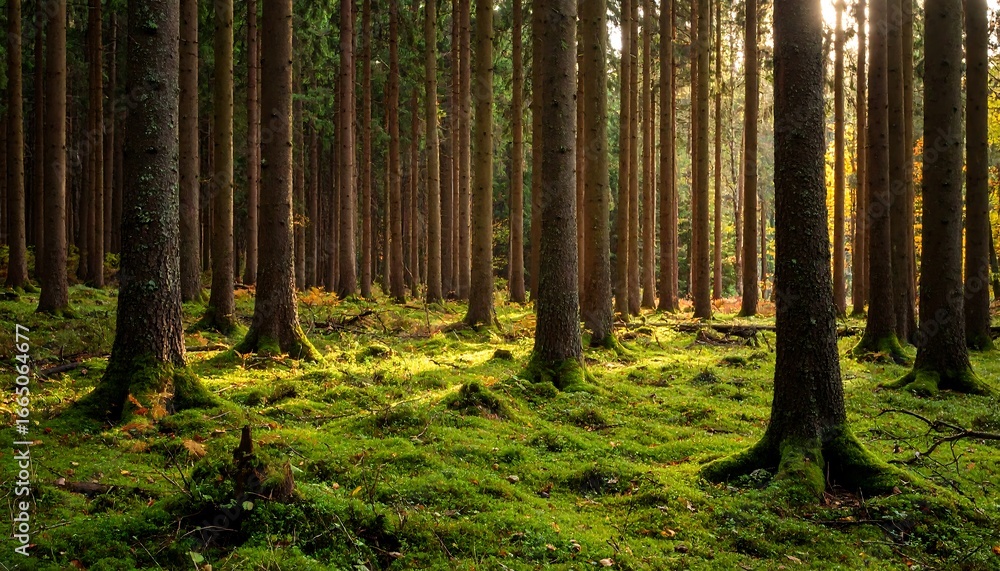 Obraz premium Sunlight filters through a dense forest, illuminating a carpet of vibrant moss beneath tall, slender trees.