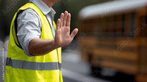 Traffic officer wearing reflective vest raising hand to stop traffic near yellow school bus on street ensuring safety and control of vehicles