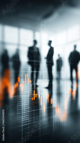 Abstract trading chart overlay in a corporate corridor depicting financial analytics and the concept of data driven decision making guiding business performance
