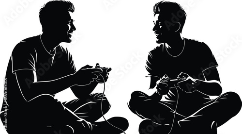 Silhouettes of two men playing video games together, , capturing a moment of leisure, friendship, and digital entertainment in a minimalist style