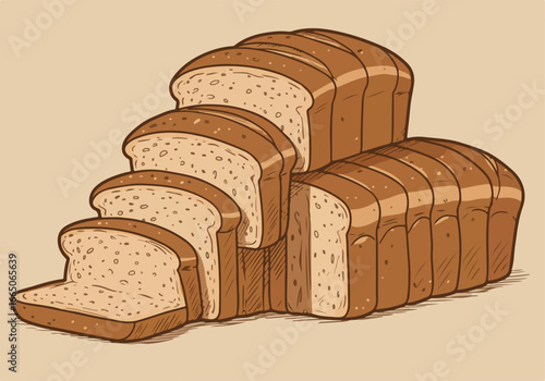 Sliced bread loaf stacked against plain background, for baked goods illustrations