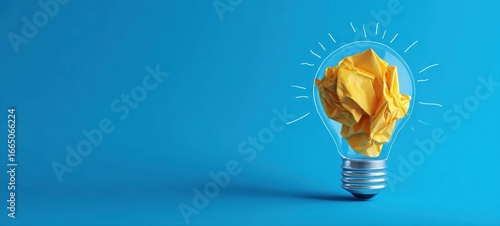 The light bulb filled with crumpled yellow paper symbolizing creative idea on blue background