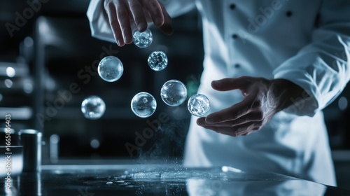 Futuristic kitchen, chef cooking, levitating molecular spheres, floating ingredients, high-tech culinary art, innovative gastronomy, premium restaurant concept, haute cuisine, commercial use.