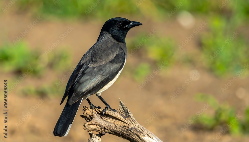 Fototapeta premium Black and White Bird Perched on Weathered Branch