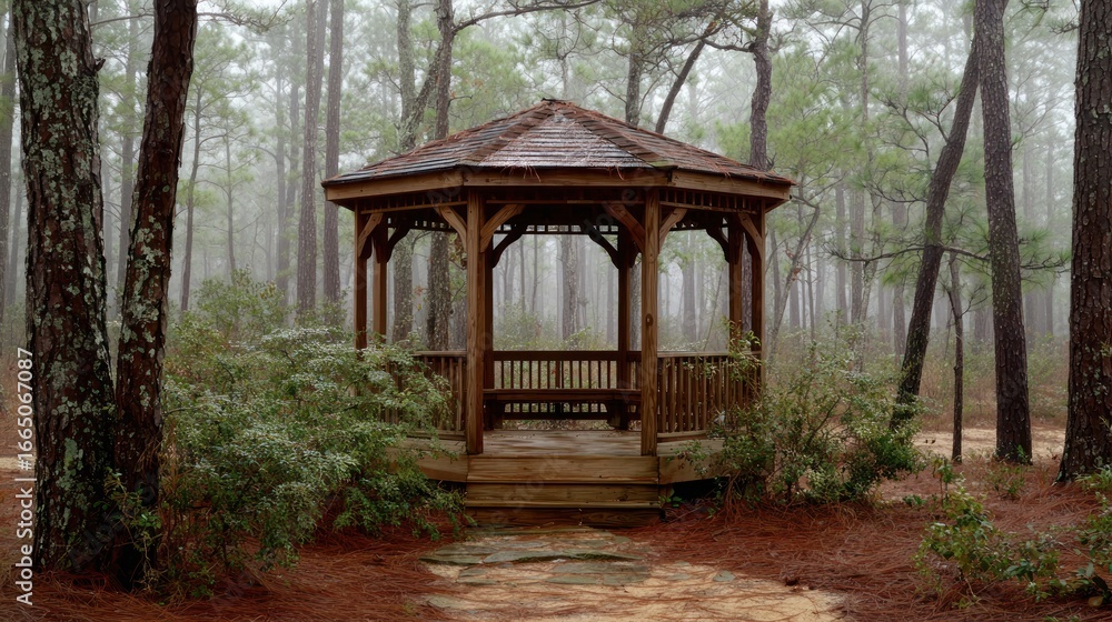 Obraz premium Wooden gazebo in misty forest