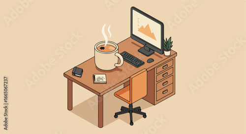 Isometric desk at home office. Display shows graph. Warm drink. Study use