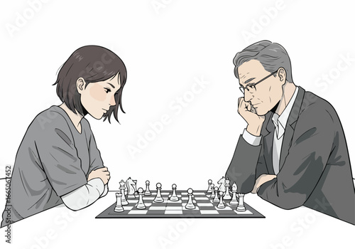 Woman and man playing chess at table, strategizing strategy with white blank background