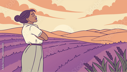Woman enjoying lavender field landscape at sunset vector illustration scenic beauty and relaxation concept art