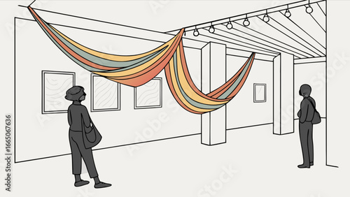 Art gallery exhibition with colorful fabric installation and visitors viewing artwork on display interior design