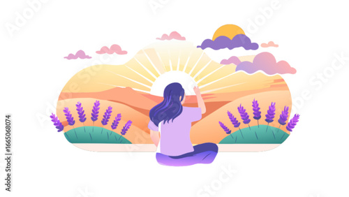 Woman meditating in nature landscape at sunrise for mental health and wellness vector illustration concept