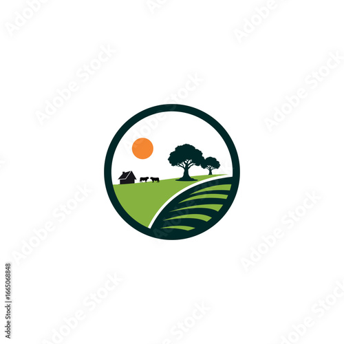 Cattle farm logo. Dairy farm symbol. Product logo label. Sun, tree, grass, beef. Nature