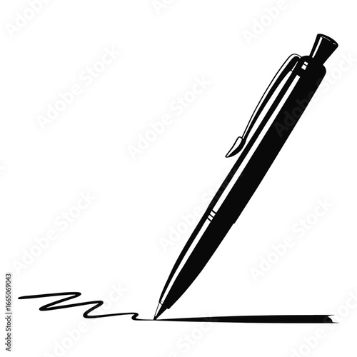 Black Ballpoint Pen Writes on White Background Creative Writing Tool Minimalist Design Idea Generation Process