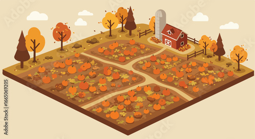 Isometric pumpkin patch. Field view, rural background. Harvest season concept