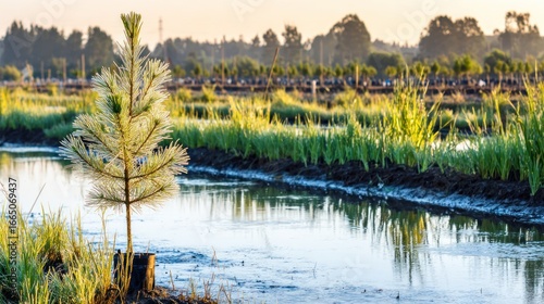 Young white pine seedling in a nursery, calm water reflections