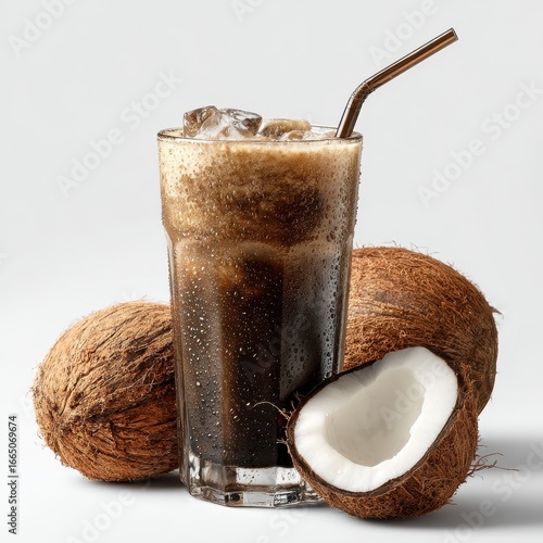 Iced coconut charcoal drink, studio shot, white background, healthy lifestyle