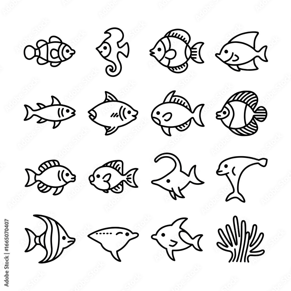 Naklejka premium Fish and Marine Life Line Icons – Ocean Fish, Aquarium, Coral, Sea Animals