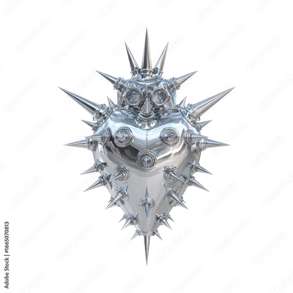 Fototapeta premium Metallic heart with spiky exterior. 3D rendering of a stylized heart, reflective silver, studded with numerous sharp points. Abstract, futuristic, and ornate