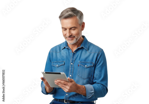 Man in denim shirt holding tablet isolated on transparent background