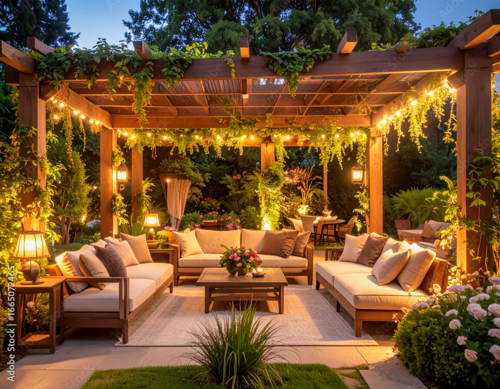 custom made wallpaper toronto digitalCozy outdoor seating area beautifully illuminated with warm lights and surrounded by lush greenery during a serene evening