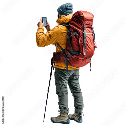 Taking Photos of the Scenery – A hiker lifts a camera or smartphone to capture the moment. full length isolate on transparent background