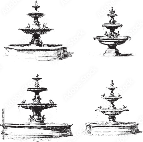 A simple line drawing of an elegant fountain, in blue ink on a white background, a vector illustration with a flat design and high contrast, no shadows.eps