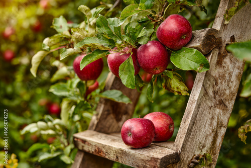 Bountiful ripe apples on a wooden ladder in an orchard
