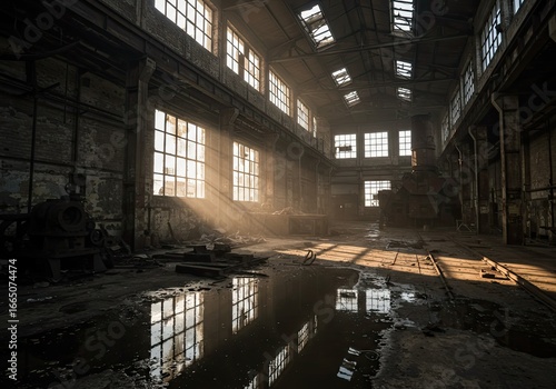 Wallpaper Mural Sunlight streams through warehouse windows creating dramatic shadows on the industrial interior, perfect for evoking a sense of history and decay Torontodigital.ca