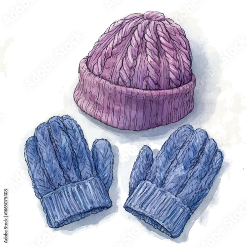 Mittens And Wool Hat, watercolor vector, isolated on a white background.
