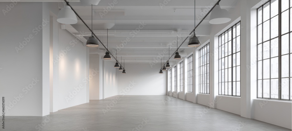 Fototapeta premium The Industrial Loft Interior Featuring Large Paned Windows And Bright Minimalist Open Space