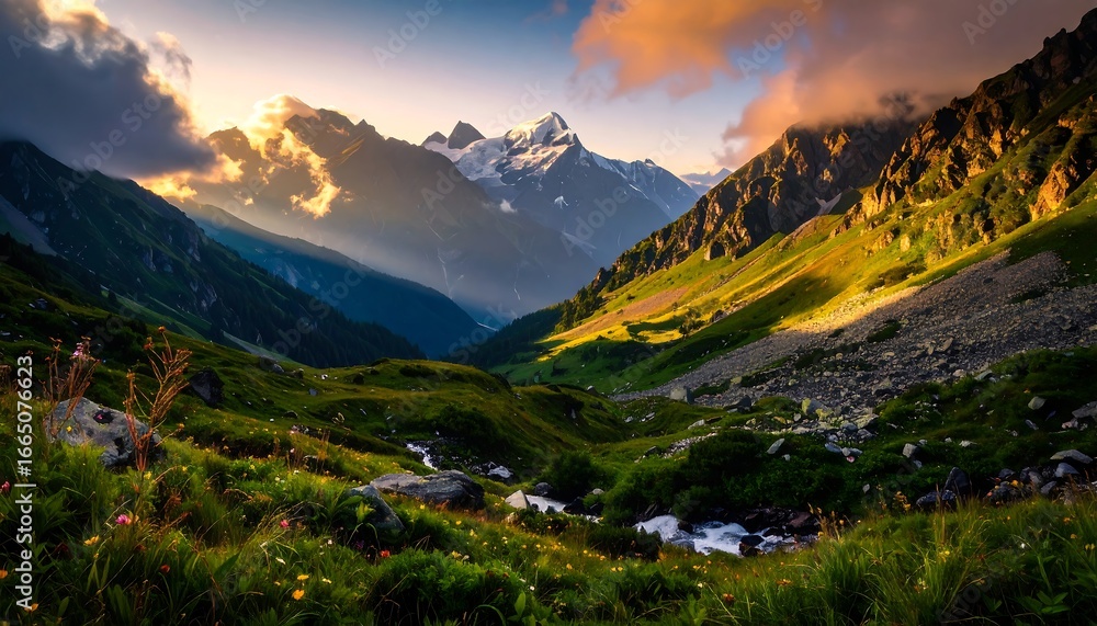 Fototapeta premium Majestic Mountain Valley Landscape with Stream, Sunlight and Lush Greenery