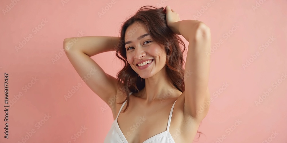 Obraz premium Smiling young woman posing playfully against pink background in casual summer outfit
